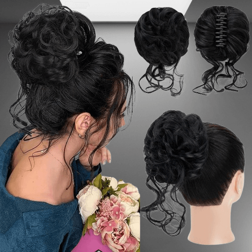 Extensiones de moño de pelo desordenado ondulado NEGRO